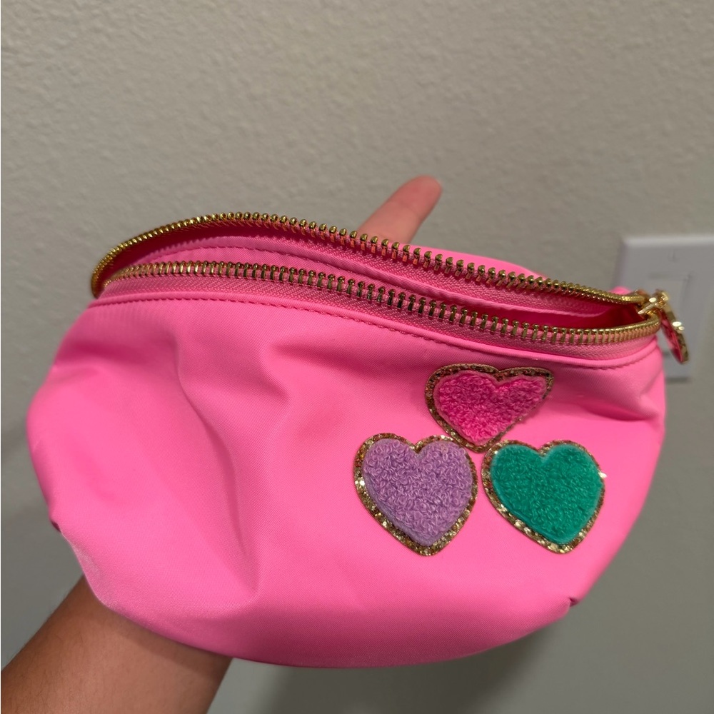Stoney Clover Lane Pink Cosmetic Pouch with Multicolor Heart Appliqués
